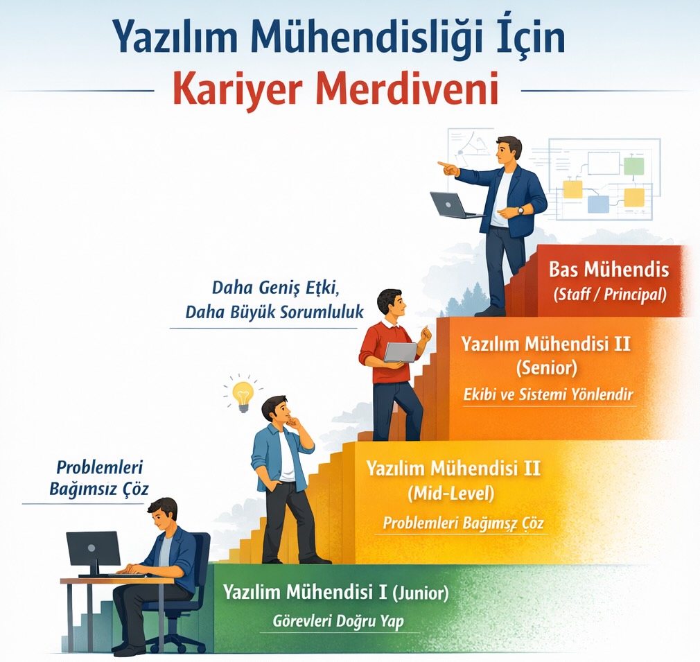 Yazılım mühendisliğinde kariyer yolculuğunu simgeleyen bir görsel, altta bireysel üretim ve öğrenme, yukarı doğru ilerledikçe artan etki, vizyon ve ekiplerle çalışma sorumluluğunu temsil eden bir merdivenle anlatılıyor.