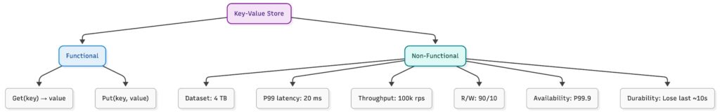 A simple requirements tree for a key-value store. At the top is “Key-Value Store,” which splits into two branches: “Functional” and “Non-Functional.” Functional includes “Get(key) → value” and “Put(key, value).” Non-Functional includes “Dataset: 4 TB,” “P99 latency: 20 ms,” “Throughput: 100k rps,” “R/W: 90/10,” “Availability: P99.9,” and “Durability: Lose last ~10s.”