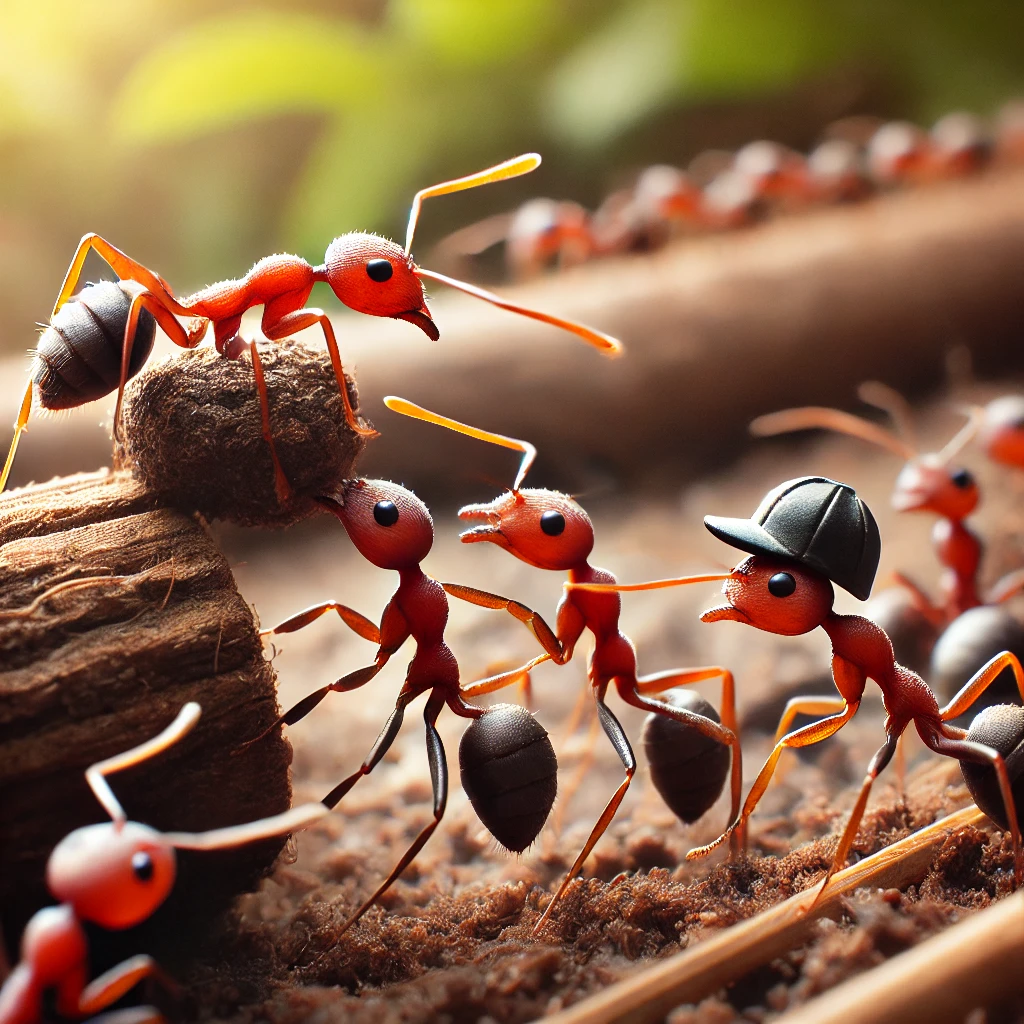 An ant acting as a manager, helping another ant lift a heavy load, with other ants lined up in a queue in a natural setting.