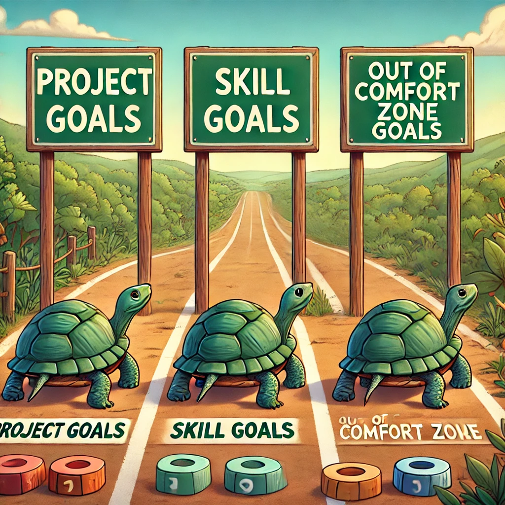 Three turtles making steady progress, each in its own separate lane, representing different types of goals: project goals, skill goals, and out of comfort zone goals.