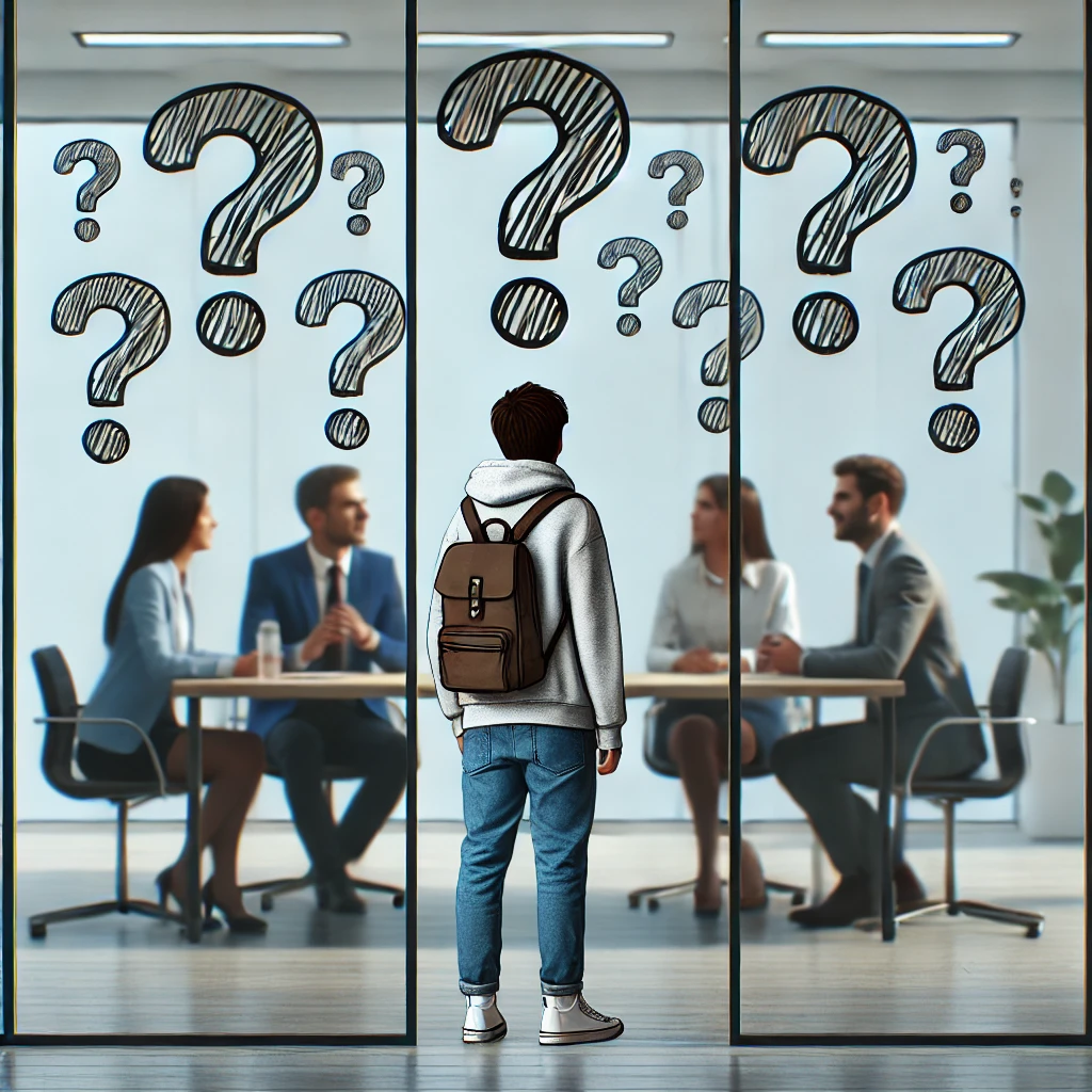 An illustration showing a person standing far outside a meeting room with question marks around their head. People in meeting room are unaware.