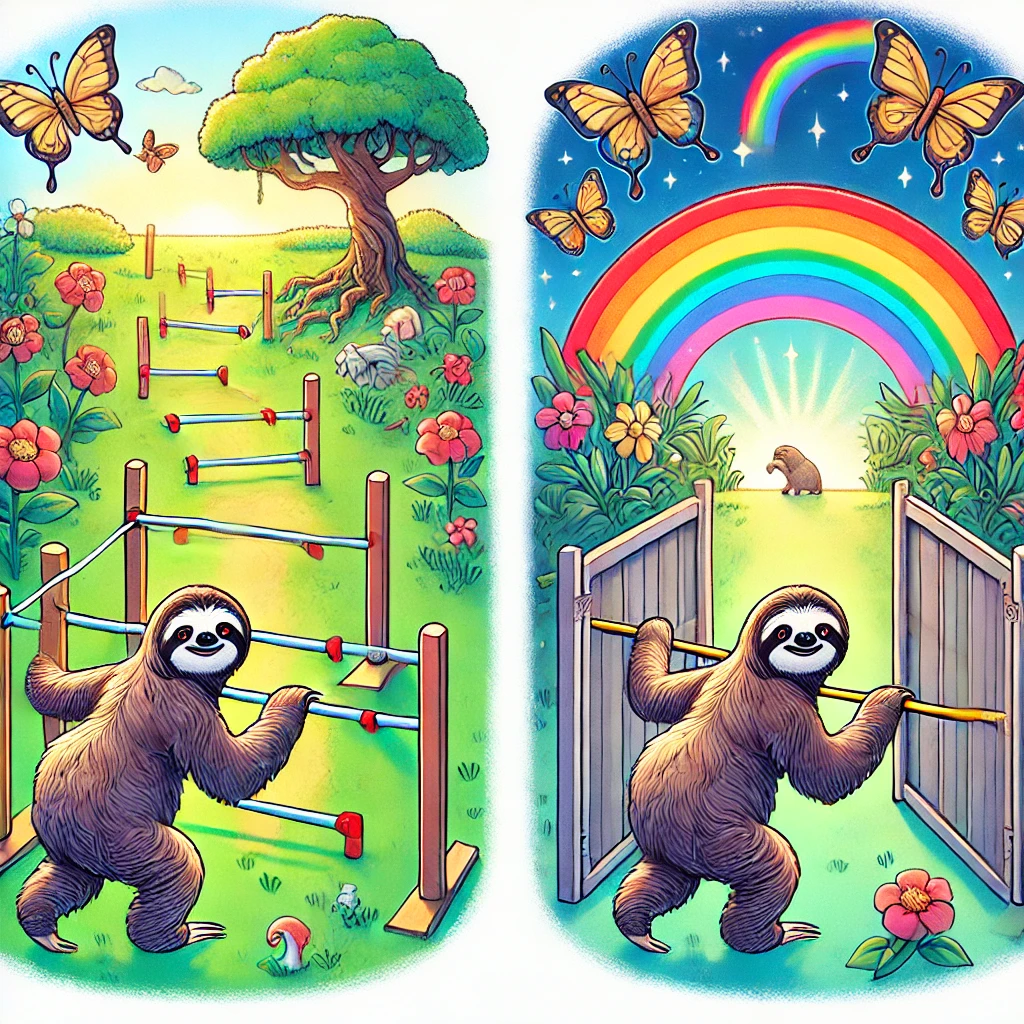 Two sloths on contrasting paths: one navigates obstacles with a clear path forward, while the other enjoys rainbows and butterflies on a dissolving, blocked path.