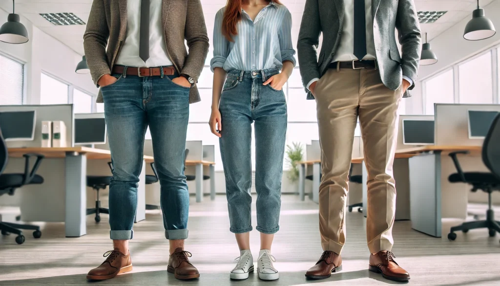 The image shows three individuals standing side by side in an office setting, visible from the waist down. They are dressed in smart casual attire, with two wearing blazers, jeans, and dress shoes, while the person in the middle is wearing a striped shirt, high-waisted jeans, and white sneakers. The background features a modern office with desks, computers, and overhead lights, suggesting a professional environment. The image humorously represents the idea of three engineering managers competing, possibly during an interview or team evaluation.