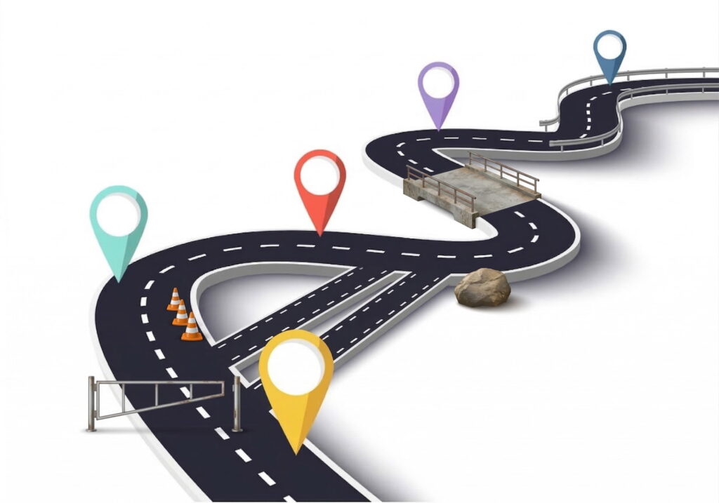 A winding roadmap with subtle constraints like a narrow gate, cones, a fork that rejoins, a small bridge, and a rock near the edge, illustrating how plans are shaped by structural limits rather than a straight path.